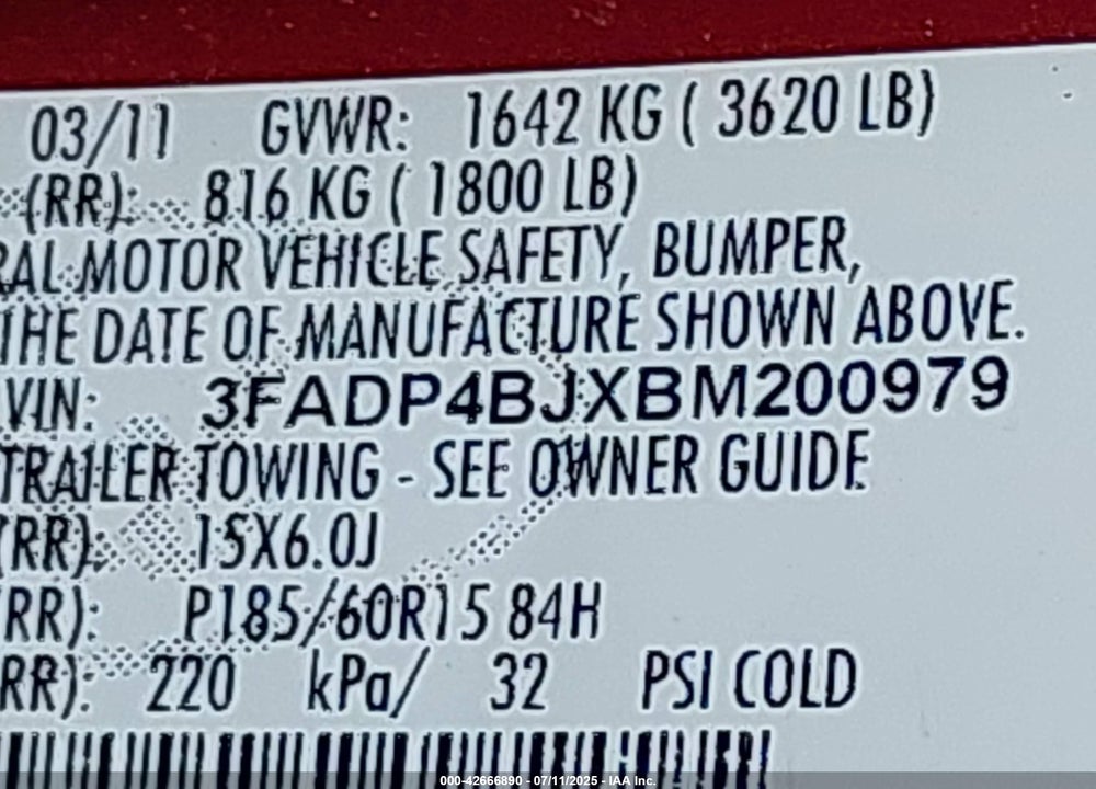 2011 FORD FIESTA VIN: 3FADP4BJXBM200979