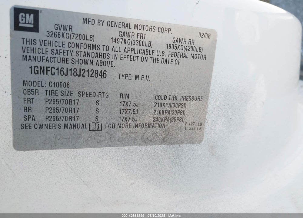 2008 CHEVROLET SUBURBAN 1500 VIN: 1GNFC16J18J212846