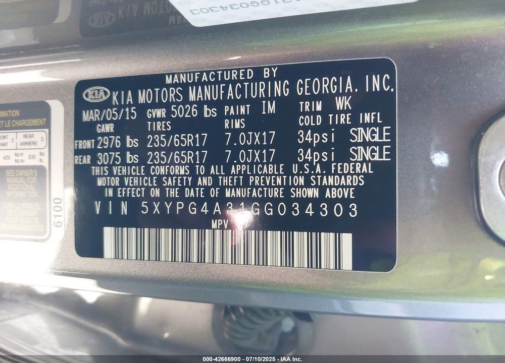 2016 KIA SORENTO VIN: 5XYPG4A31GG034303