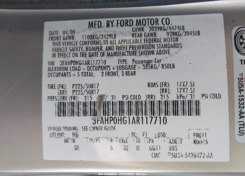 2010 FORD FUSION VIN: 3FAHP0HG1AR117710
