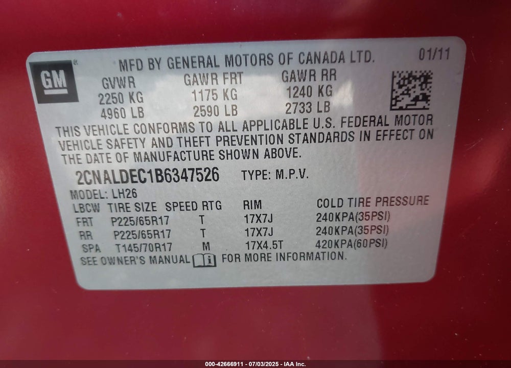 2011 CHEVROLET EQUINOX VIN: 2CNALDEC1B6347526