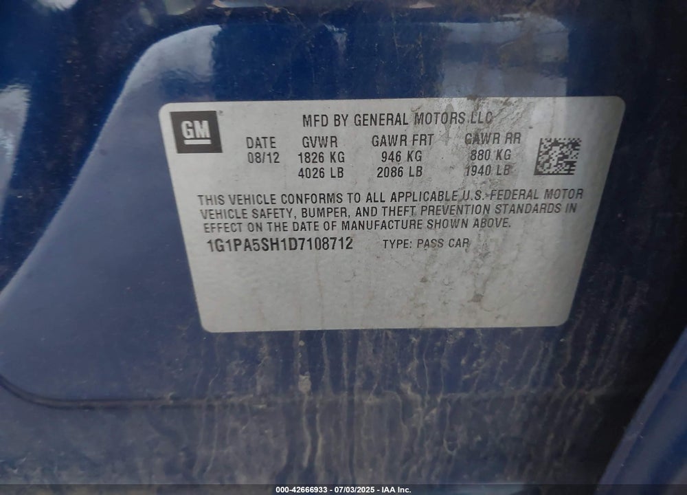 2013 CHEVROLET CRUZE VIN: 1G1PA5SH1D7108712
