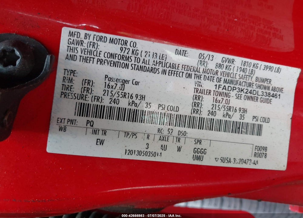 2013 FORD FOCUS VIN: 1FADP3K24DL338461