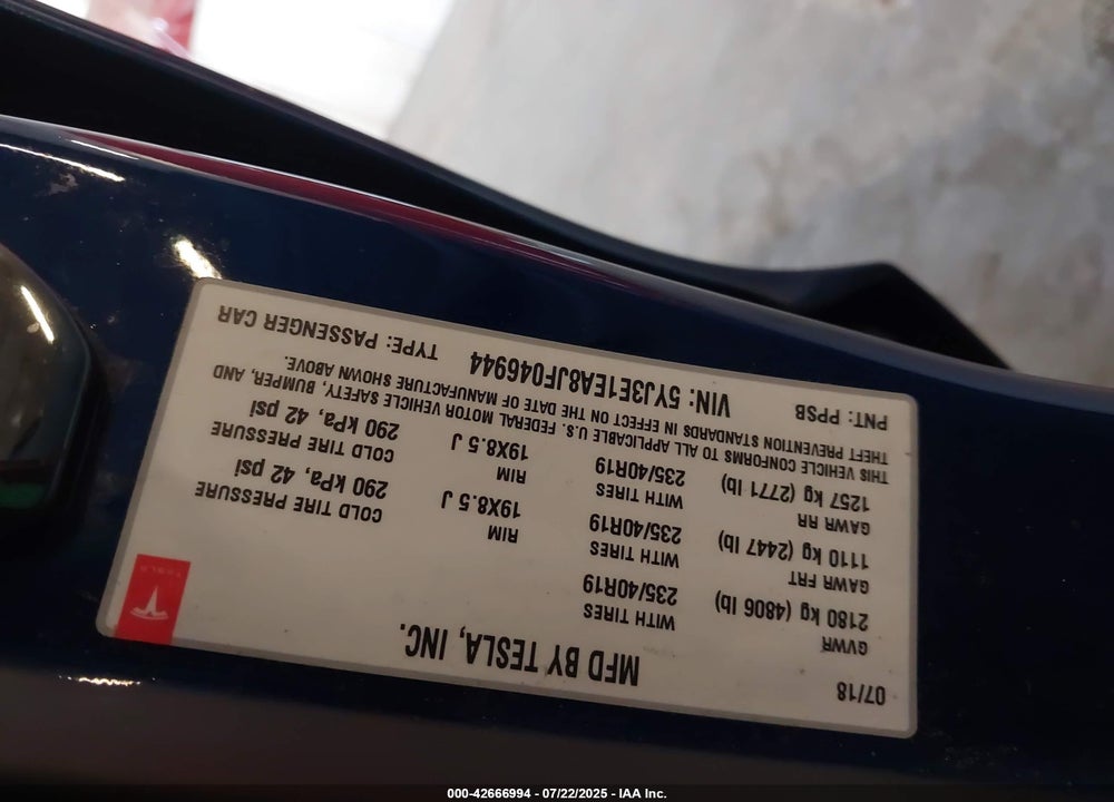 2018 TESLA MODEL 3 LONG RANGE/MID RANGE VIN: 5YJ3E1EA8JF046944