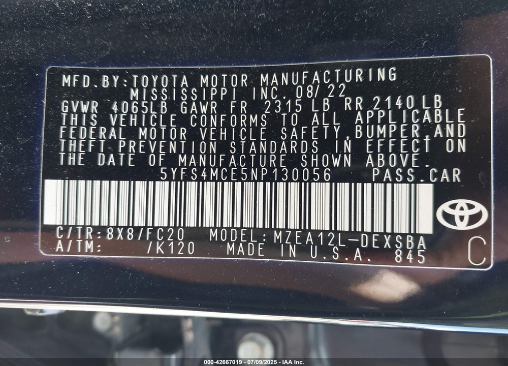 2022 TOYOTA COROLLA VIN: 5YFS4MCE5NP130056