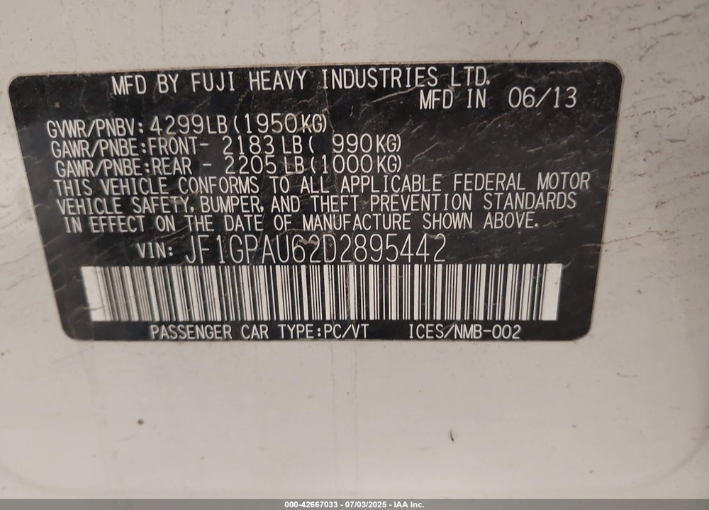 2013 SUBARU IMPREZA VIN: JF1GPAU62D2895442
