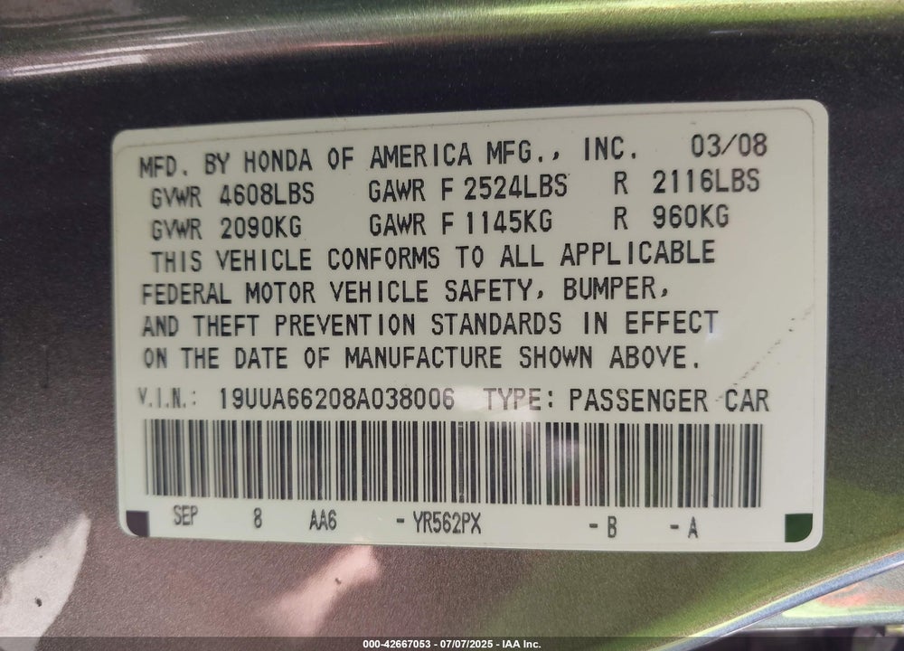 2008 ACURA TL VIN: 19UUA66208A038006