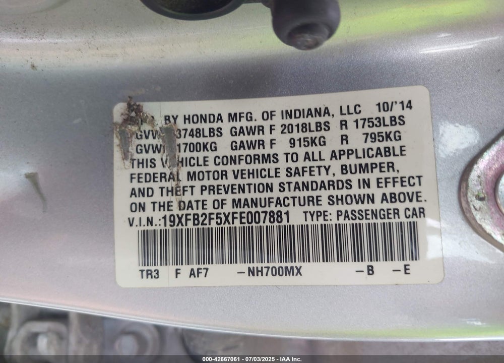2015 HONDA CIVIC VIN: 19XFB2F5XFE007881