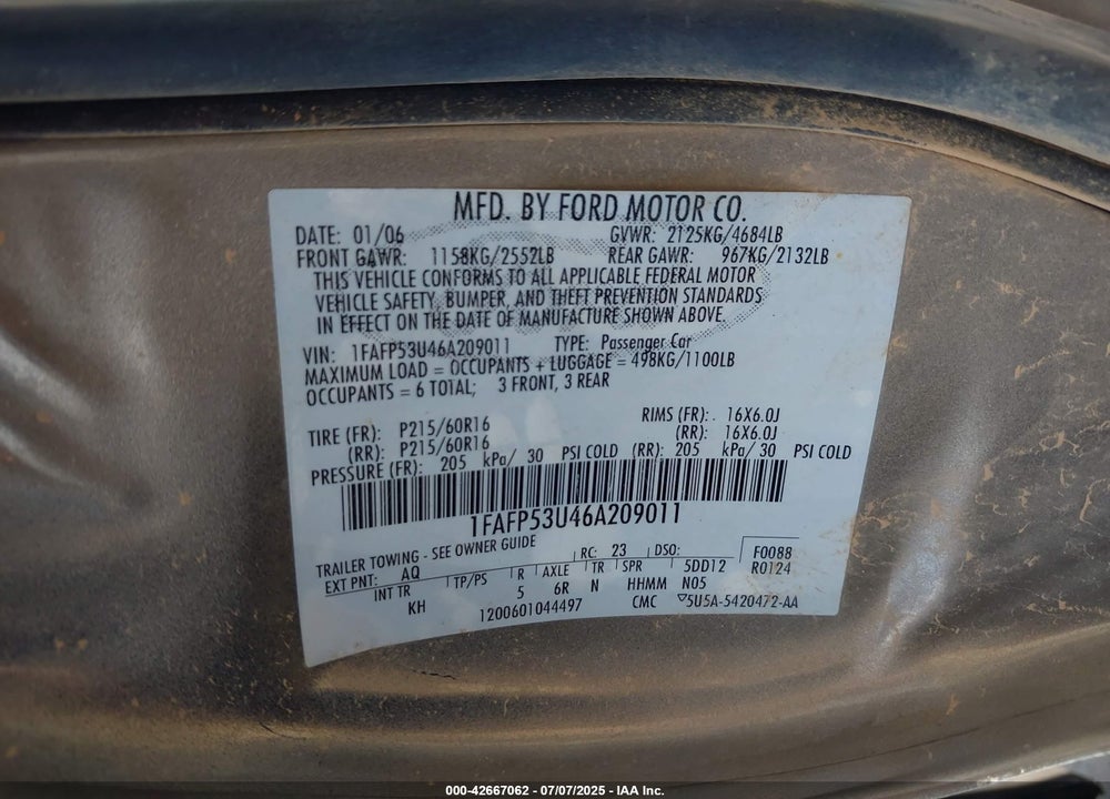 2006 FORD TAURUS VIN: 1FAFP53U46A209011