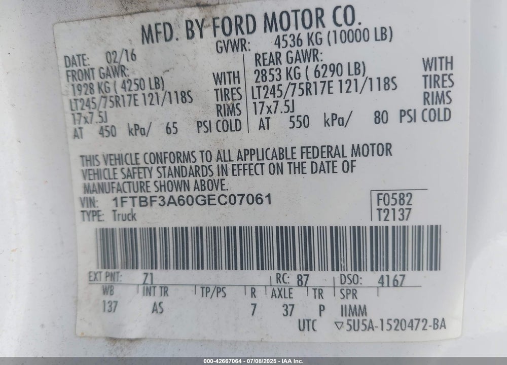 2016 FORD F-350 XL VIN: 1FTBF3A60GEC07061