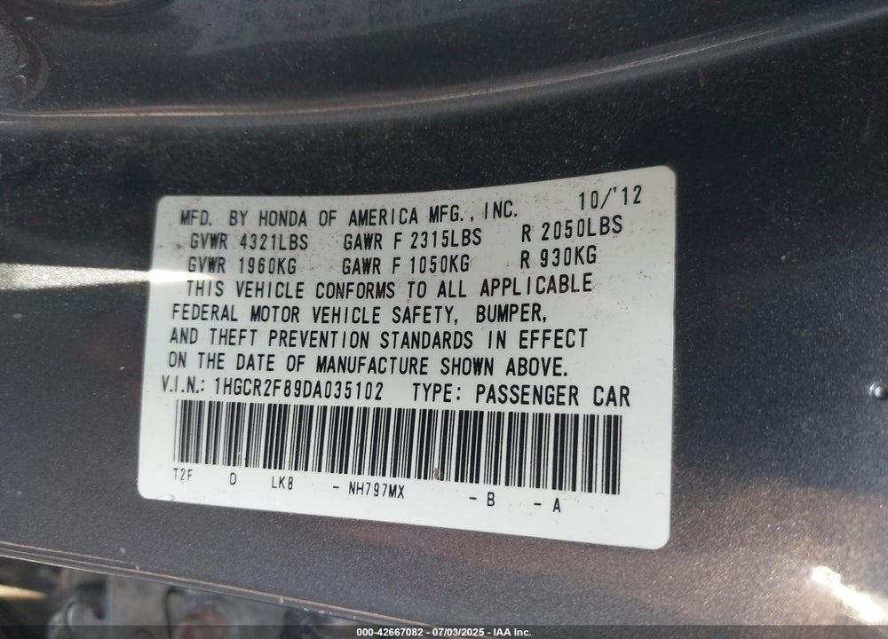 2013 HONDA ACCORD EX-L VIN: 1HGCR2F89DA035102