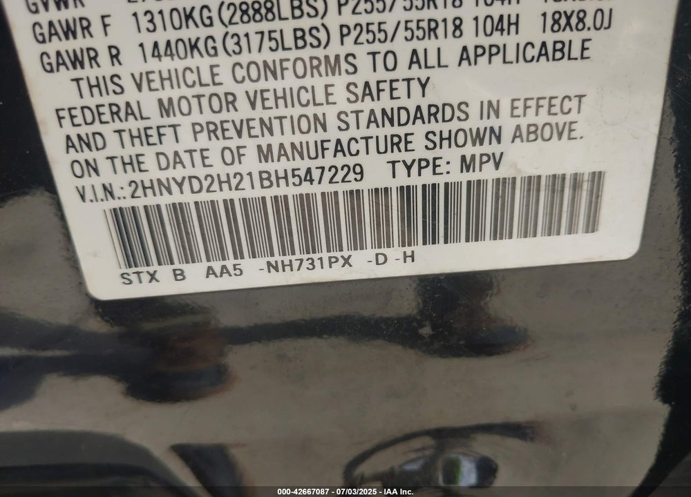 2011 ACURA MDX VIN: 2HNYD2H21BH547229