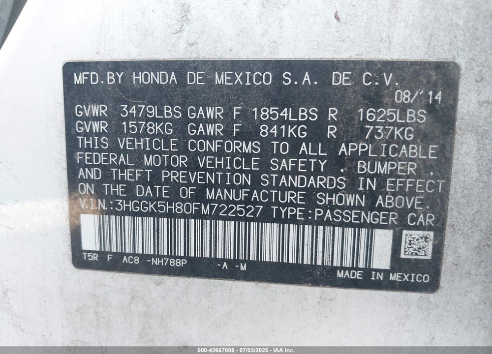 2015 HONDA FIT VIN: 3HGGK5H80FM722527