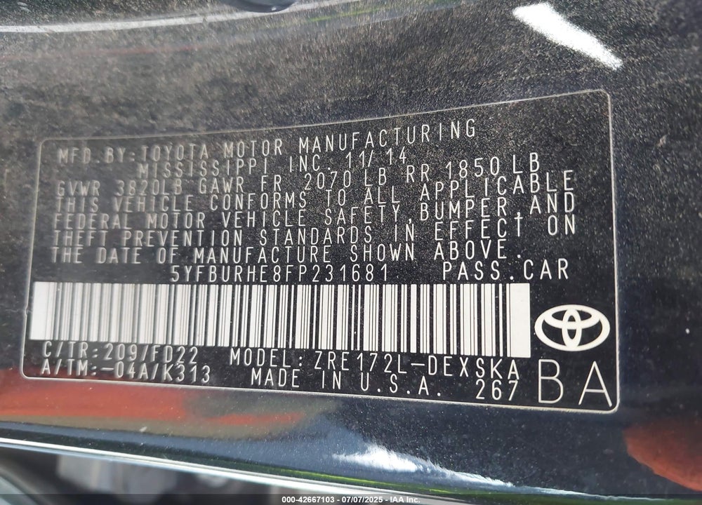 2015 TOYOTA COROLLA VIN: 5YFBURHE8FP231681