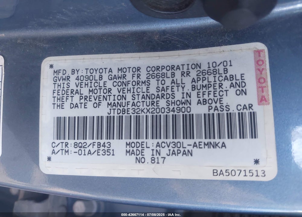 2002 TOYOTA CAMRY VIN: JTDBE32KX20034900