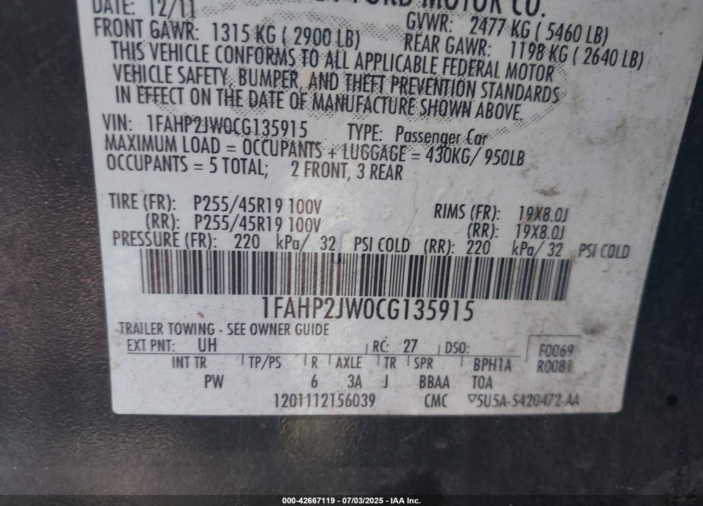 2012 FORD TAURUS VIN: 1FAHP2JW0CG135915