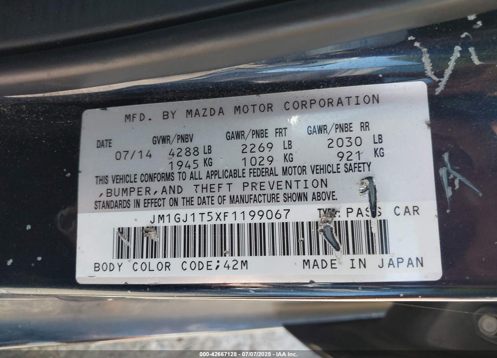 2015 MAZDA 6 VIN: JM1GJ1T5XF1199067