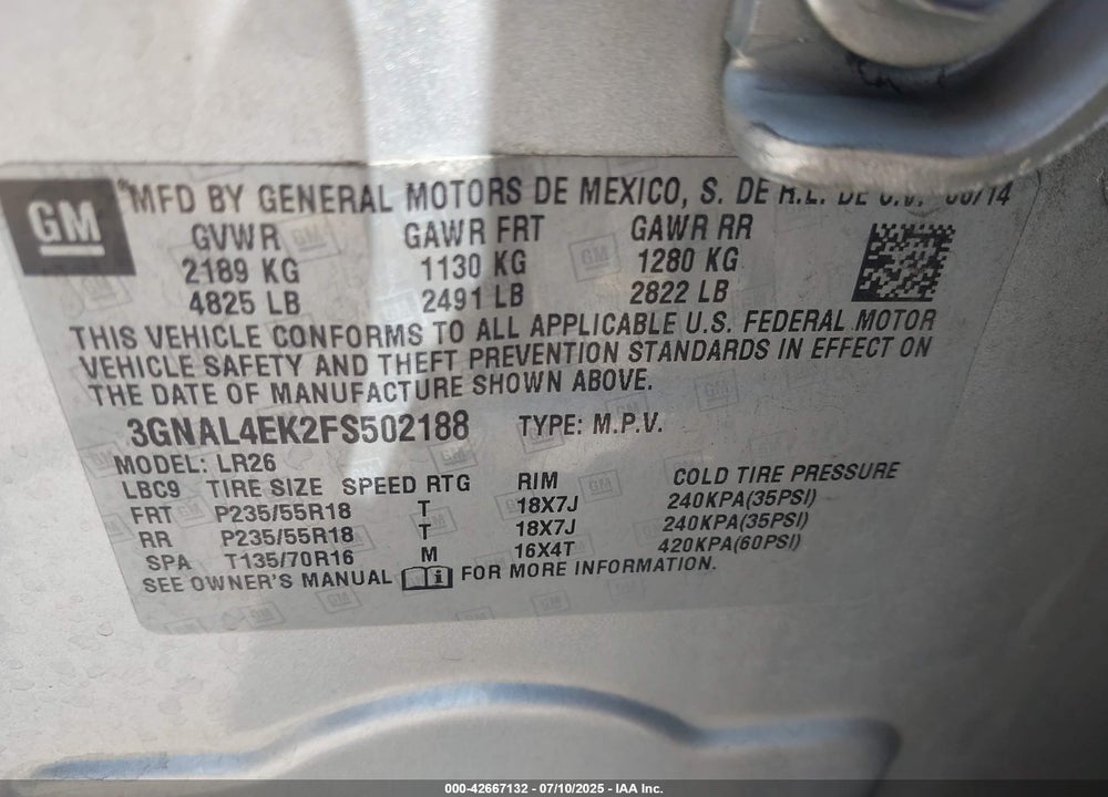 2015 CHEVROLET CAPTIVA SPORT VIN: 3GNAL4EK2FS502188