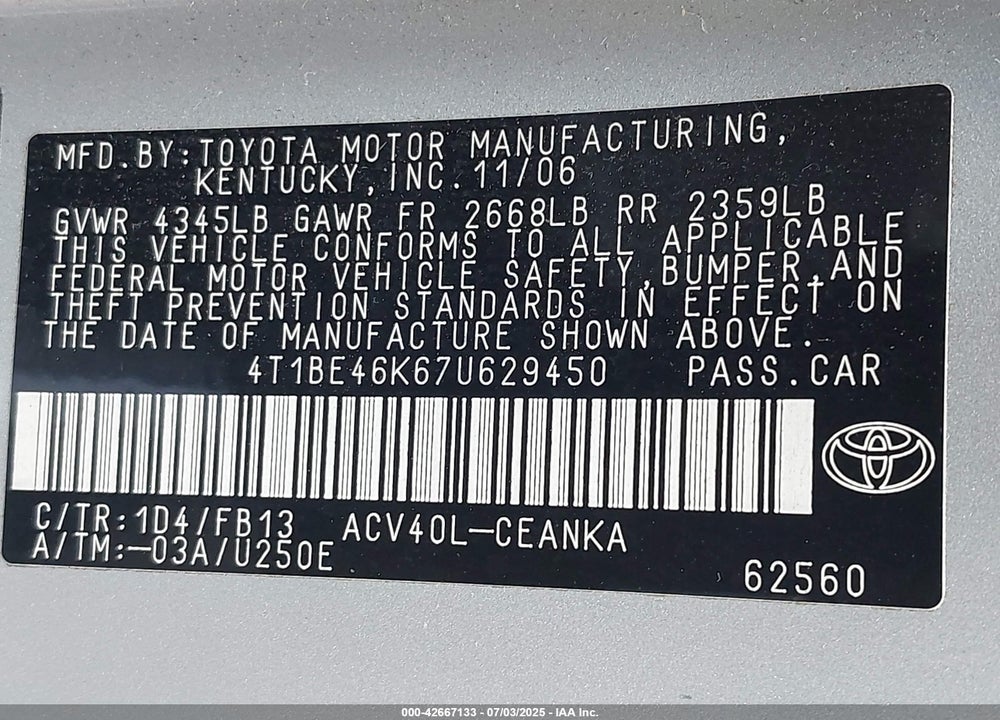 2007 TOYOTA CAMRY VIN: 4T1BE46K67U629450