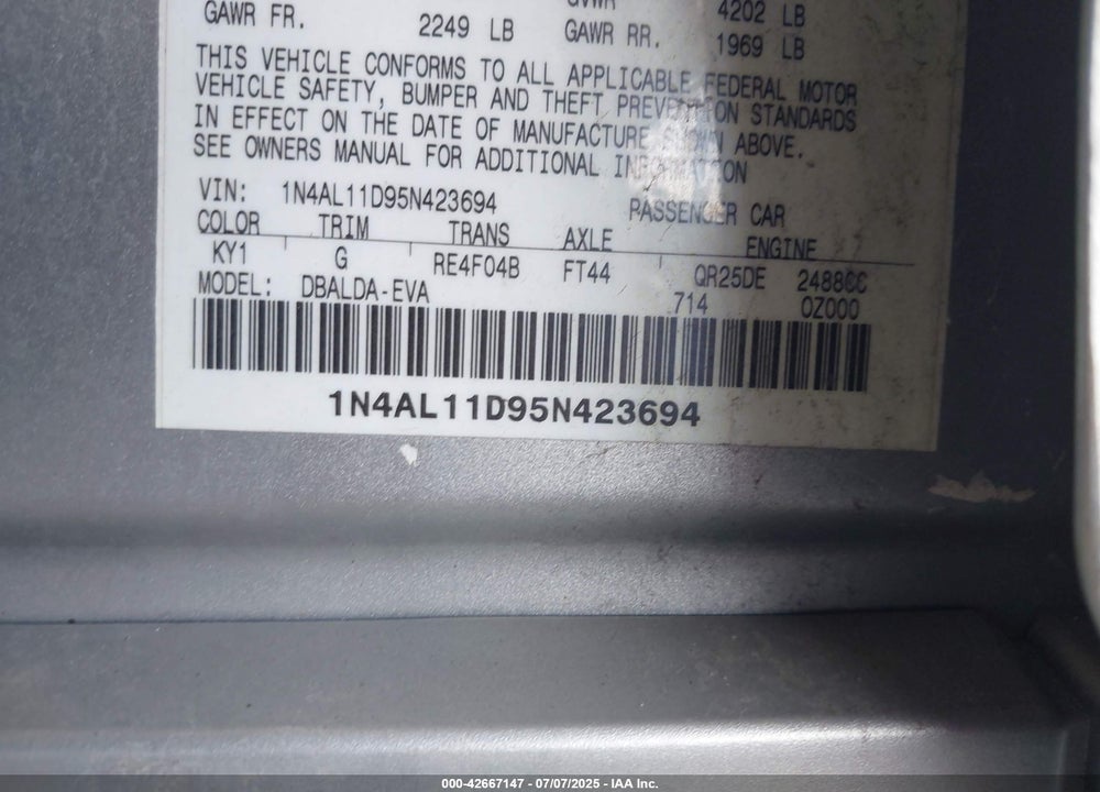 2005 NISSAN ALTIMA 2.5 S VIN: 1N4AL11D95N423694