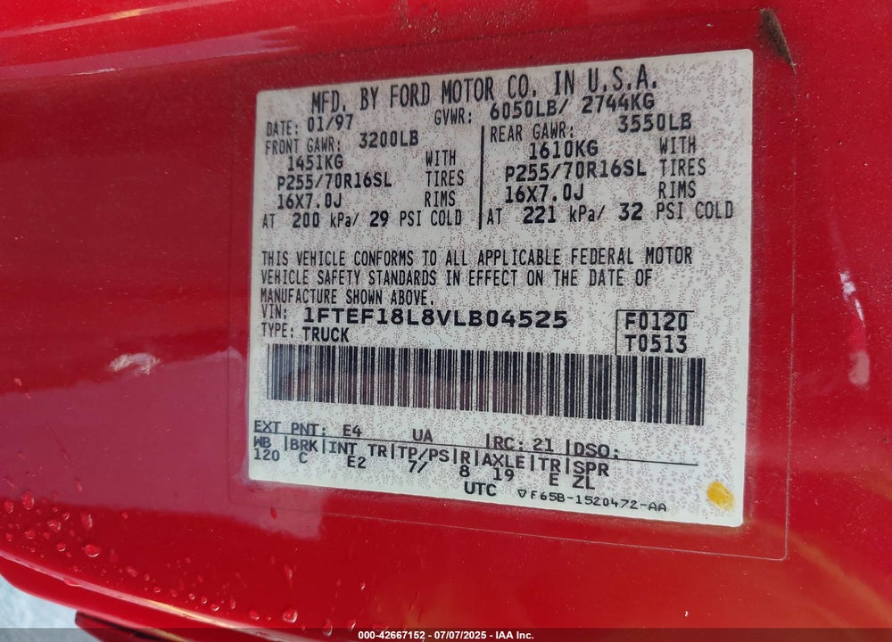 1997 FORD F-150 VIN: 1FTEF18L8VLB04525