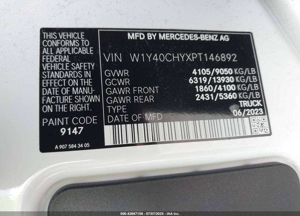 2023 MERCEDES-BENZ SPRINTER VIN: W1Y40CHYXPT146892