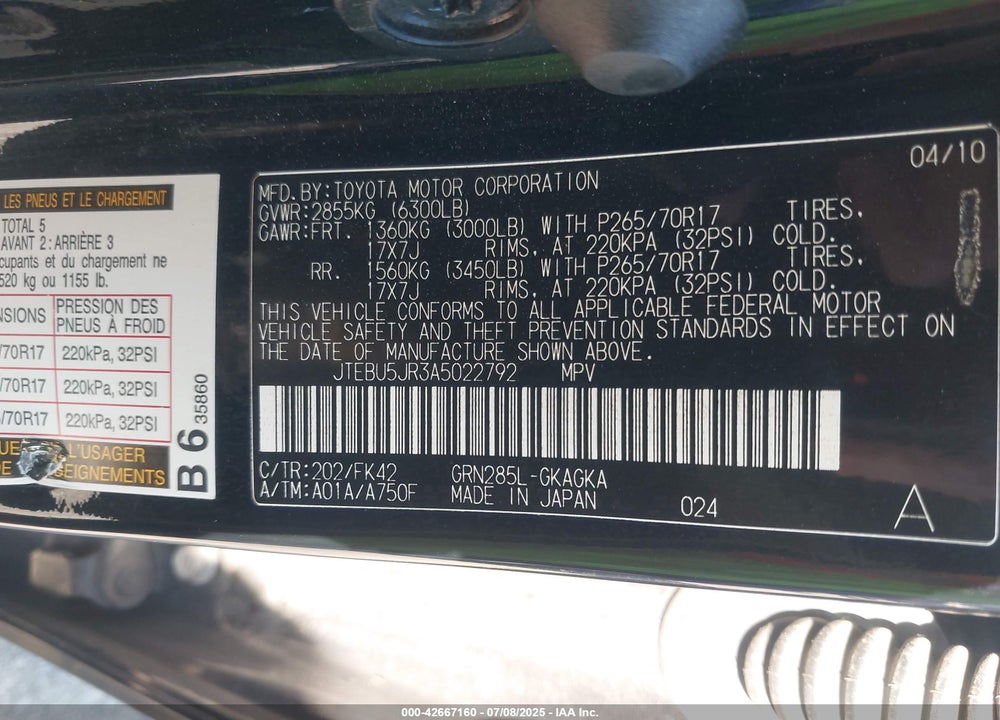 2010 TOYOTA 4RUNNER VIN: JTEBU5JR3A5022792