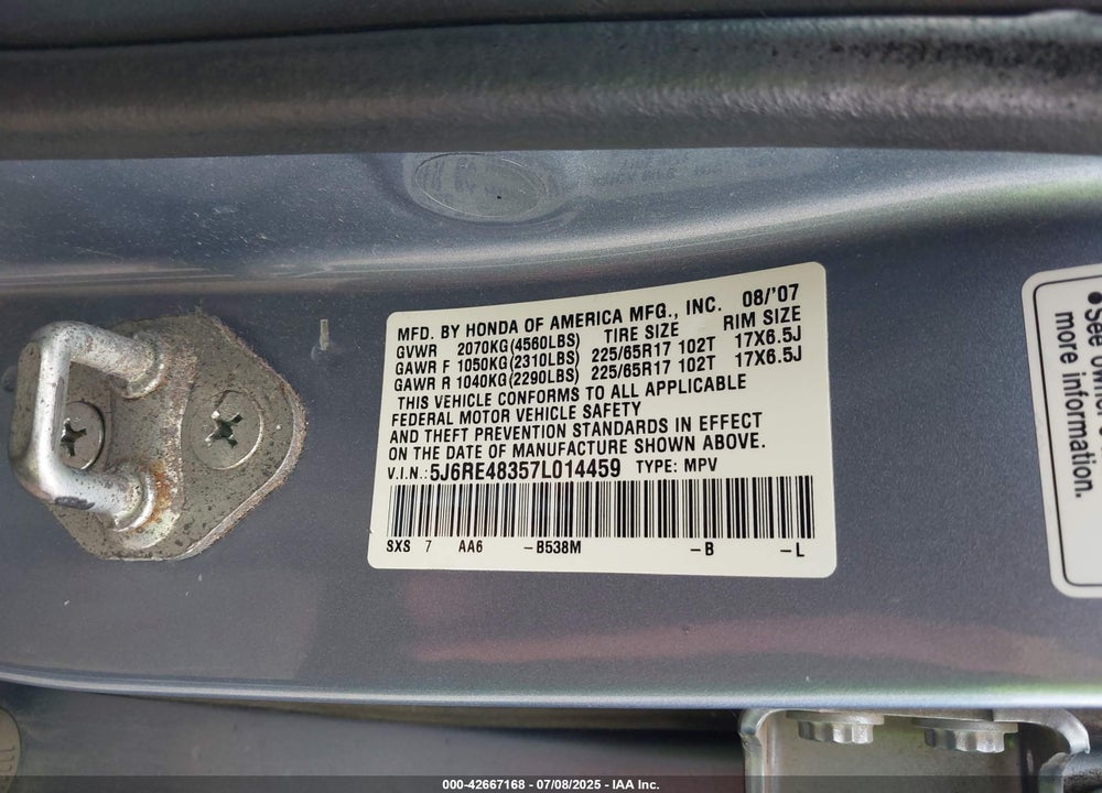 2007 HONDA CR-V VIN: 5J6RE48357L014459