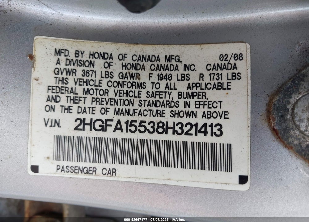 2008 HONDA CIVIC VIN: 2HGFA15538H321413