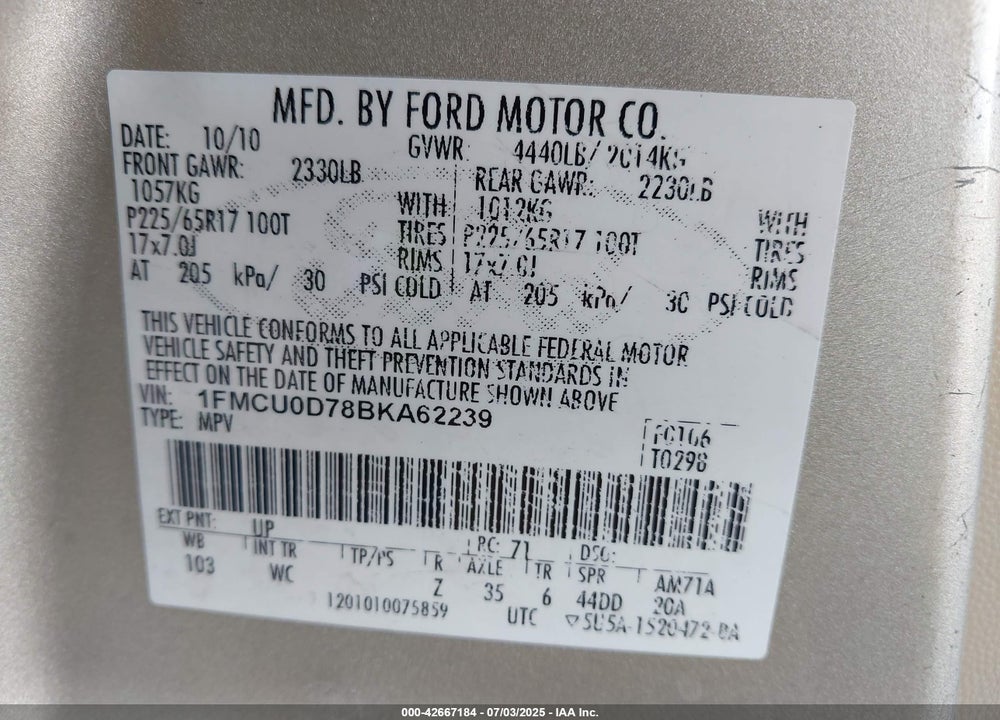 2011 FORD ESCAPE VIN: 1FMCU0D78BKA62239