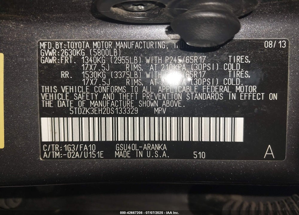 2013 TOYOTA HIGHLANDER VIN: 5TDZK3EH2DS133329