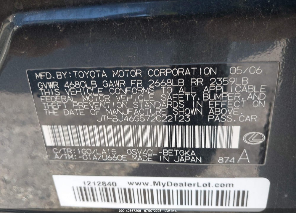 2007 LEXUS ES 350 VIN: JTHBJ46G572022123