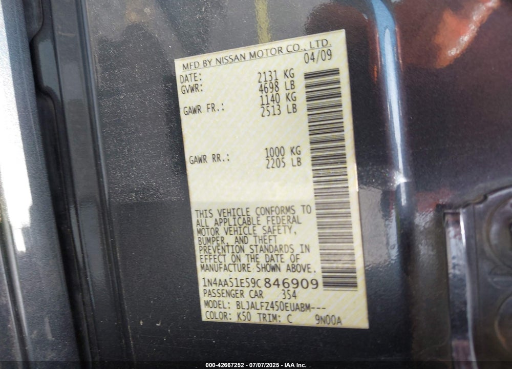 2009 NISSAN MAXIMA VIN: 1N4AA51E59C846909