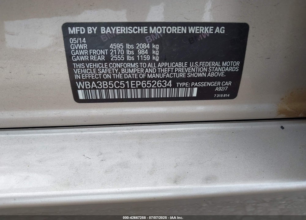 2014 BMW 328I VIN: WBA3B5C51EP652634