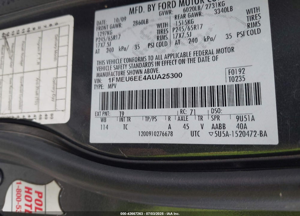 2010 FORD EXPLORER VIN: 1FMEU6EE4AUA25300