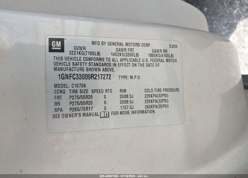 2009 CHEVROLET TAHOE VIN: 1GNFC33009R217272