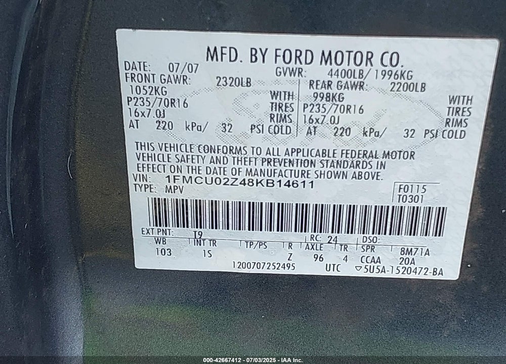 2008 FORD ESCAPE VIN: 1FMCU02Z48KB14611