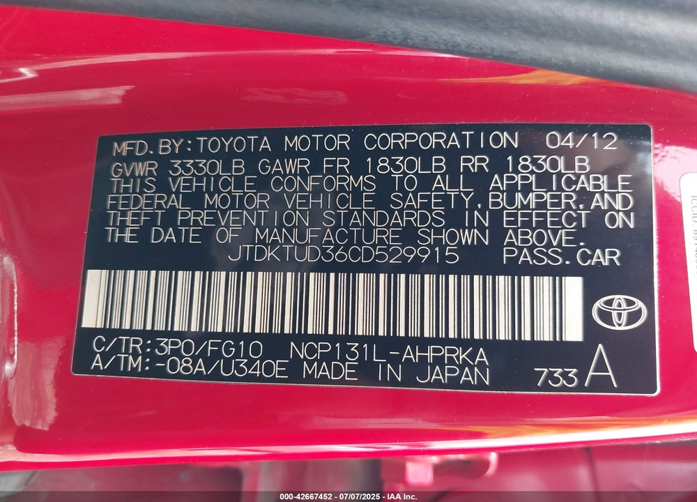 2012 TOYOTA YARIS L VIN: JTDKTUD36CD529915