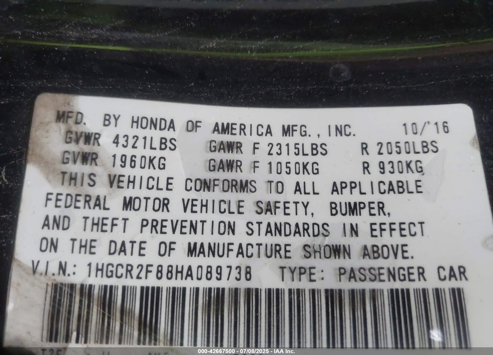 2017 HONDA ACCORD VIN: 1HGCR2F88HA089738