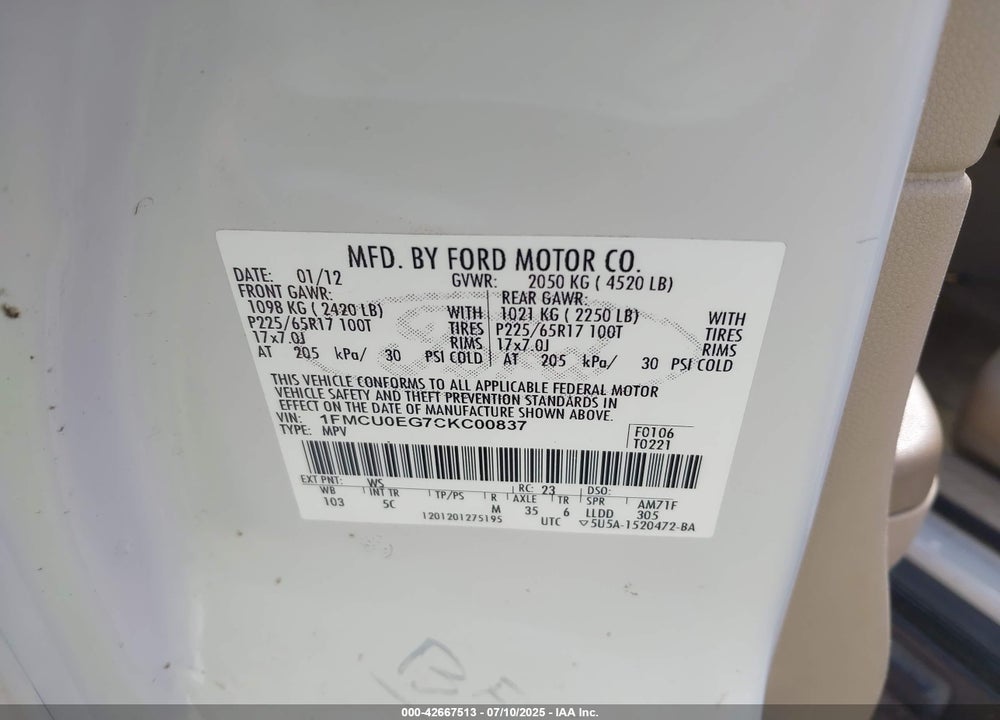 2012 FORD ESCAPE VIN: 1FMCU0EG7CKC00837