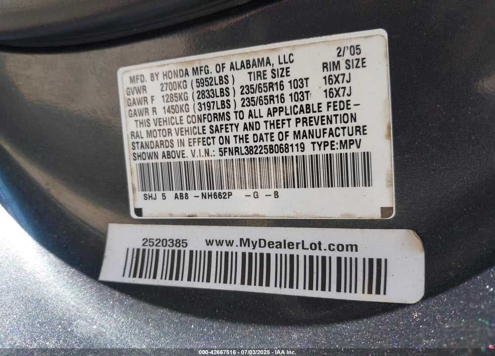 2005 HONDA ODYSSEY LX VIN: 5FNRL38225B068119