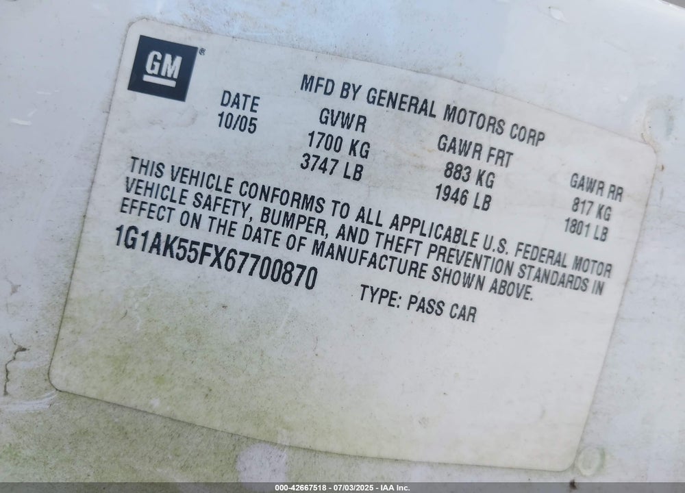 2006 CHEVROLET COBALT VIN: 1G1AK55FX67700870