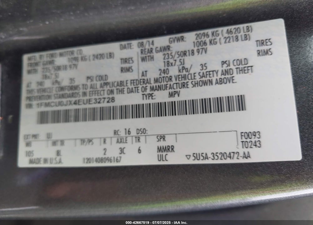 2014 FORD ESCAPE VIN: 1FMCU0JX4EUE32728