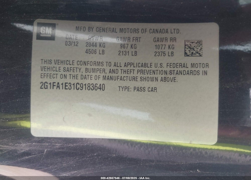 2012 CHEVROLET CAMARO 2LS VIN: 2G1FA1E31C9183640