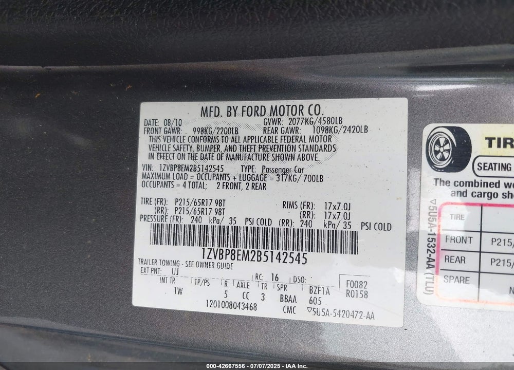 2011 FORD MUSTANG VIN: 1ZVBP8EM2B5142545
