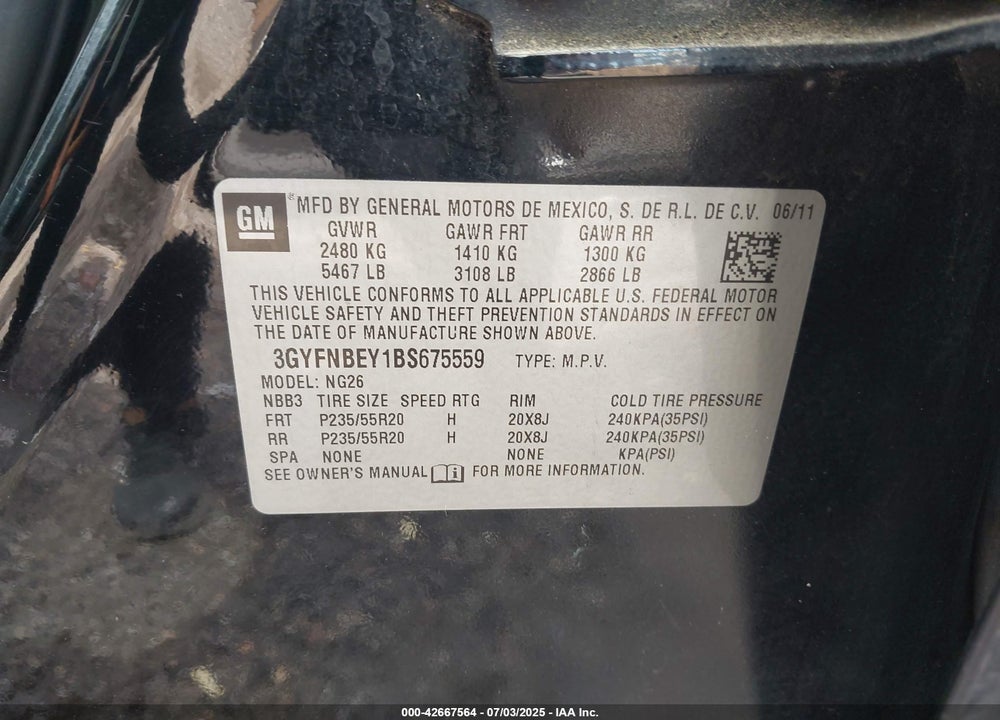 2011 CADILLAC SRX VIN: 3GYFNBEY1BS675559