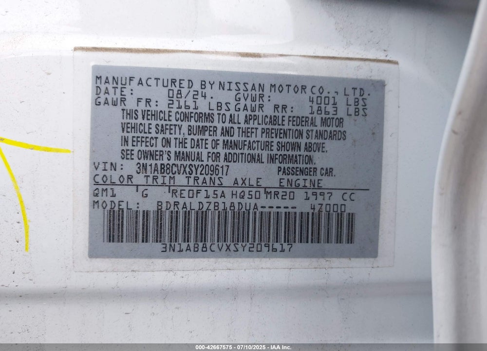 2025 NISSAN SENTRA VIN: 3N1AB8CVXSY209617