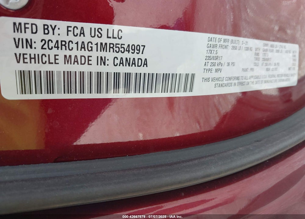 2021 CHRYSLER VOYAGER L VIN: 2C4RC1AG1MR554997