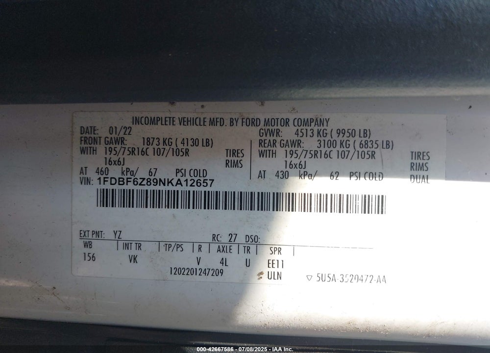 2022 FORD TRANSIT-350 CAB VIN: 1FDBF6Z89NKA12657