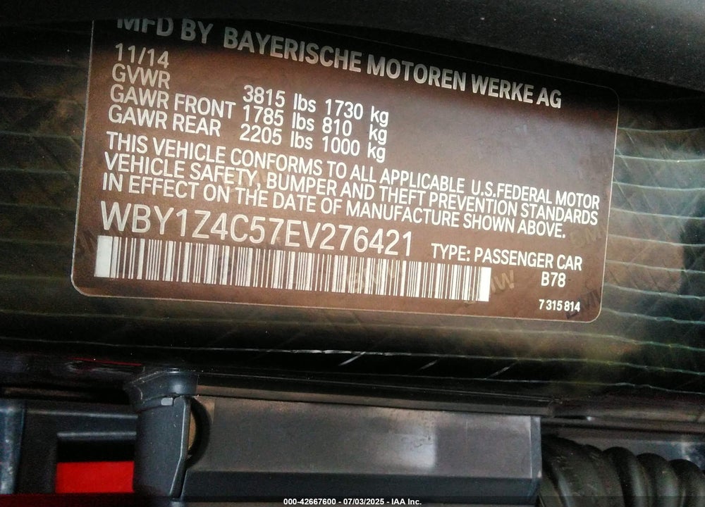 2014 BMW I3 VIN: WBY1Z4C57EV276421
